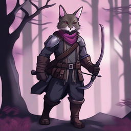 A thin dark grey Tabaxi with short fur and a big mustache