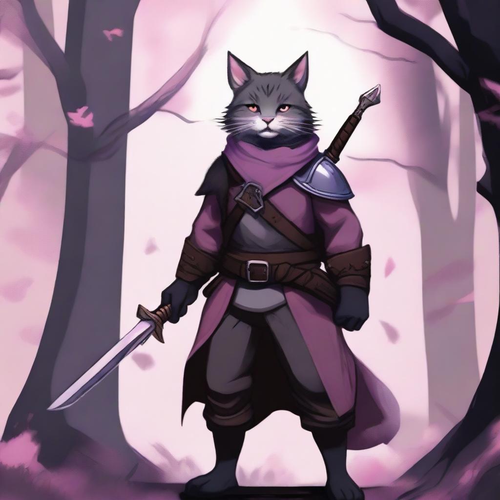 A thin dark grey Tabaxi with short fur and a big mustache