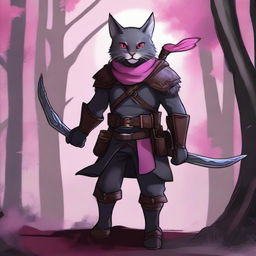 A thin dark grey Tabaxi with short fur and a big mustache