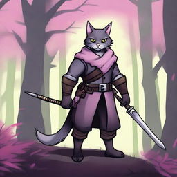 A thin dark grey Tabaxi with short fur and a big mustache