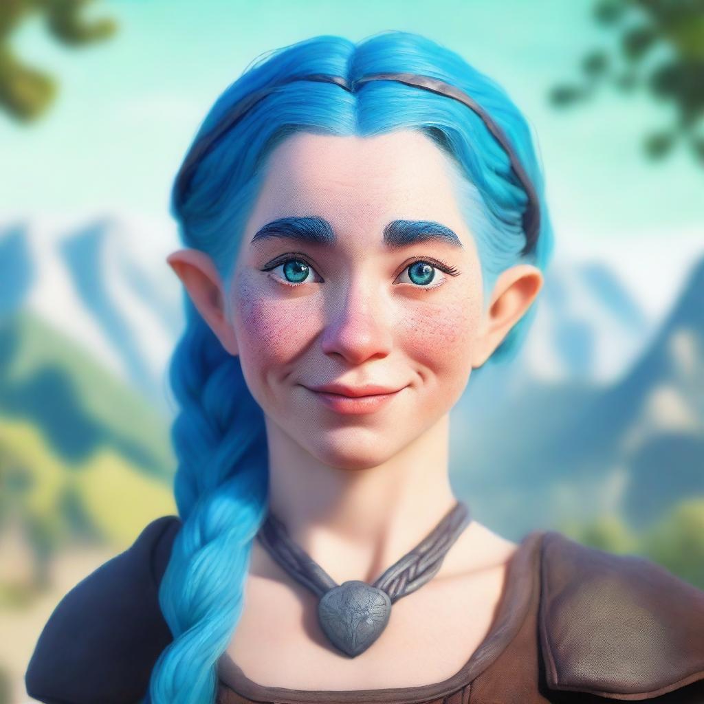 A realistic portrait of a blue-haired female dwarf with freckles