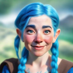 A realistic portrait of a blue-haired female dwarf with freckles