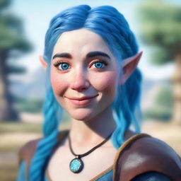 A realistic portrait of a blue-haired female dwarf with freckles