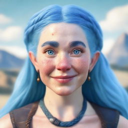 A realistic portrait of a blue-haired female dwarf with freckles