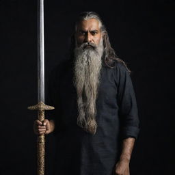 A towering, menacing middle-aged Indian man with thick, mostly grey long hair and a thick beard under a dark backdrop, brandishing a long sword with ominous gold engravings