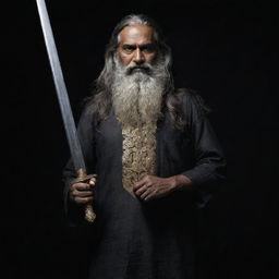 A towering, menacing middle-aged Indian man with thick, mostly grey long hair and a thick beard under a dark backdrop, brandishing a long sword with ominous gold engravings