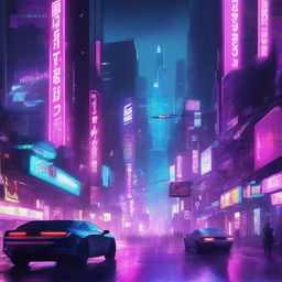 A vibrant cyberpunk cityscape at night, filled with neon lights, towering skyscrapers, and bustling streets