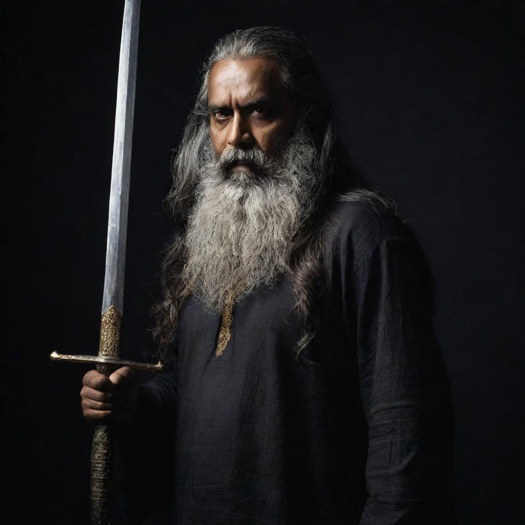 A towering, menacing middle-aged Indian man with thick, mostly grey long hair and a thick beard under a dark backdrop, brandishing a long sword with ominous gold engravings