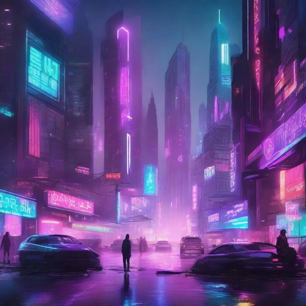 A vibrant cyberpunk cityscape at night, filled with neon lights, towering skyscrapers, and bustling streets