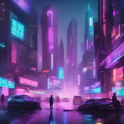 A vibrant cyberpunk cityscape at night, filled with neon lights, towering skyscrapers, and bustling streets