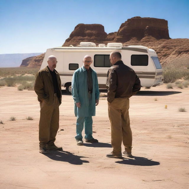 An RV is parked in the middle of the scene, with Walter White and Jesse Pinkman standing behind it, looking tired