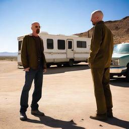 An RV is parked in the middle of the scene, with Walter White and Jesse Pinkman standing behind it, looking tired