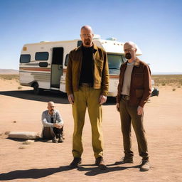 An RV is parked in the middle of the scene, with Walter White and Jesse Pinkman standing behind it, looking tired