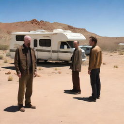 An RV is parked in the middle of the scene, with Walter White and Jesse Pinkman standing behind it, looking tired