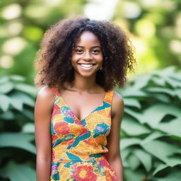 A beautiful portrait of a black girl with a radiant smile, curly hair, and expressive eyes