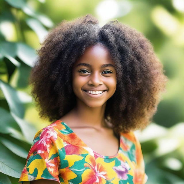 A beautiful portrait of a black girl with a radiant smile, curly hair, and expressive eyes