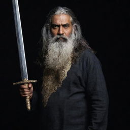 A towering, menacing middle-aged Indian man with thick, mostly grey long hair and a thick beard under a dark backdrop, brandishing a long sword with ominous gold engravings