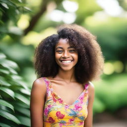 A beautiful portrait of a black girl with a radiant smile, curly hair, and expressive eyes