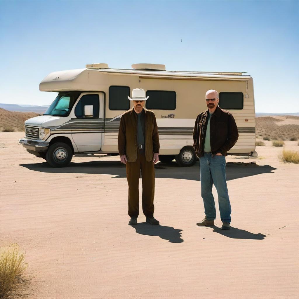 An RV is parked in the middle of the scene, with Walter White and Jesse Pinkman standing behind it, looking tired but with a gangster vibe