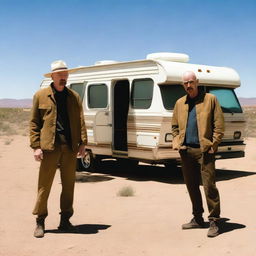 An RV is parked in the middle of the scene, with Walter White and Jesse Pinkman standing behind it, looking tired but with a gangster vibe