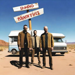 An RV is parked in the middle of the scene, with Walter White and Jesse Pinkman standing behind it, looking tired but with a gangster vibe