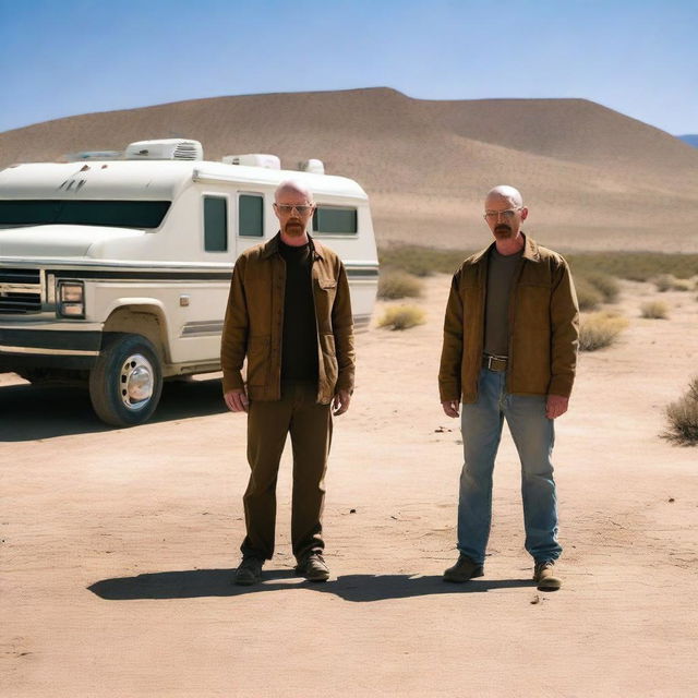 An RV is parked in the middle of the scene, with Walter White and Jesse Pinkman standing behind it, looking tired but with a gangster vibe