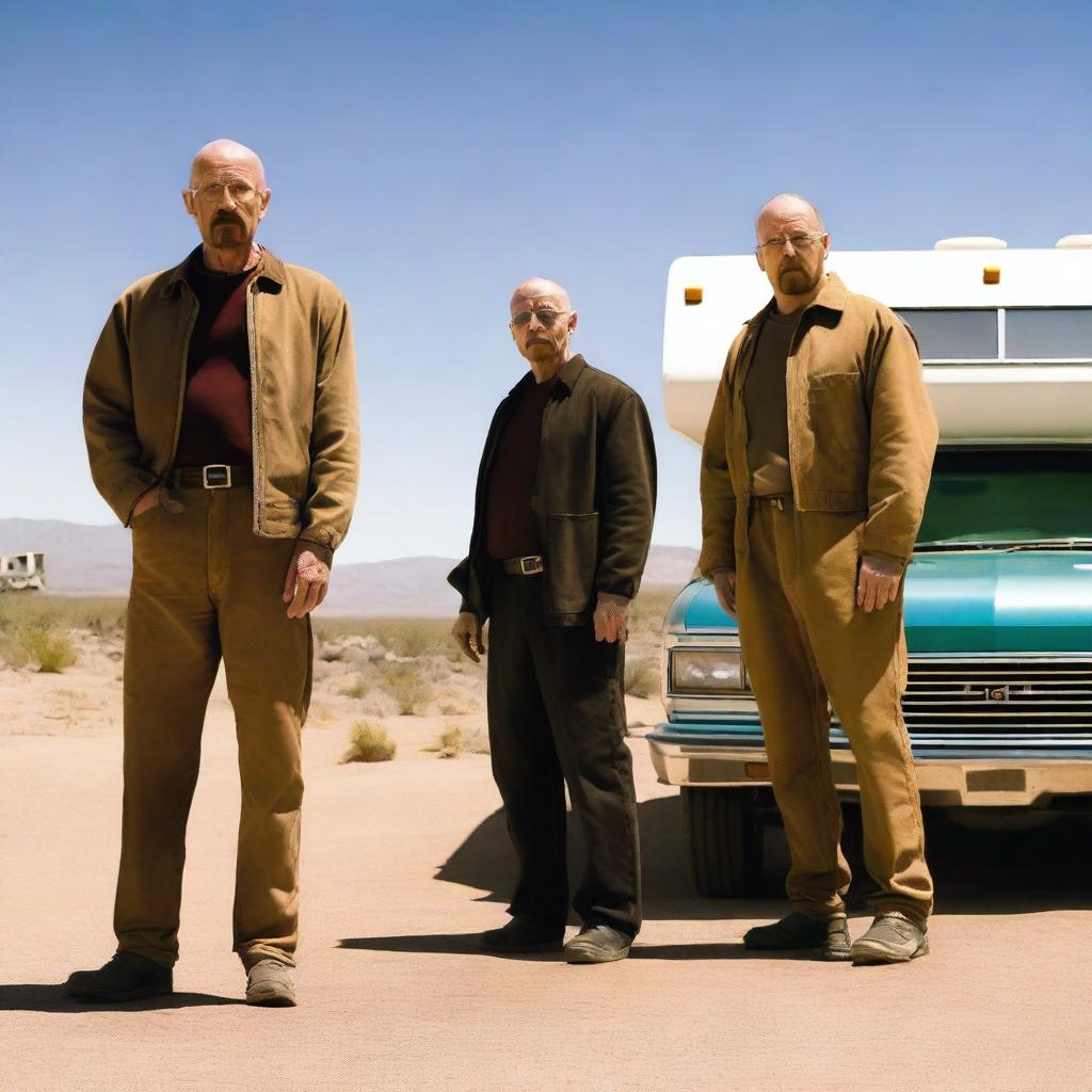 An RV is parked in the middle of the scene, with Walter White and Jesse Pinkman standing behind it, looking tired