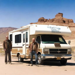 An RV is parked in the middle of the scene, with Walter White and Jesse Pinkman standing behind it, looking tired