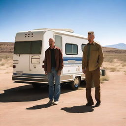 An RV is parked in the middle of the scene, with Walter White and Jesse Pinkman standing behind it, looking tired