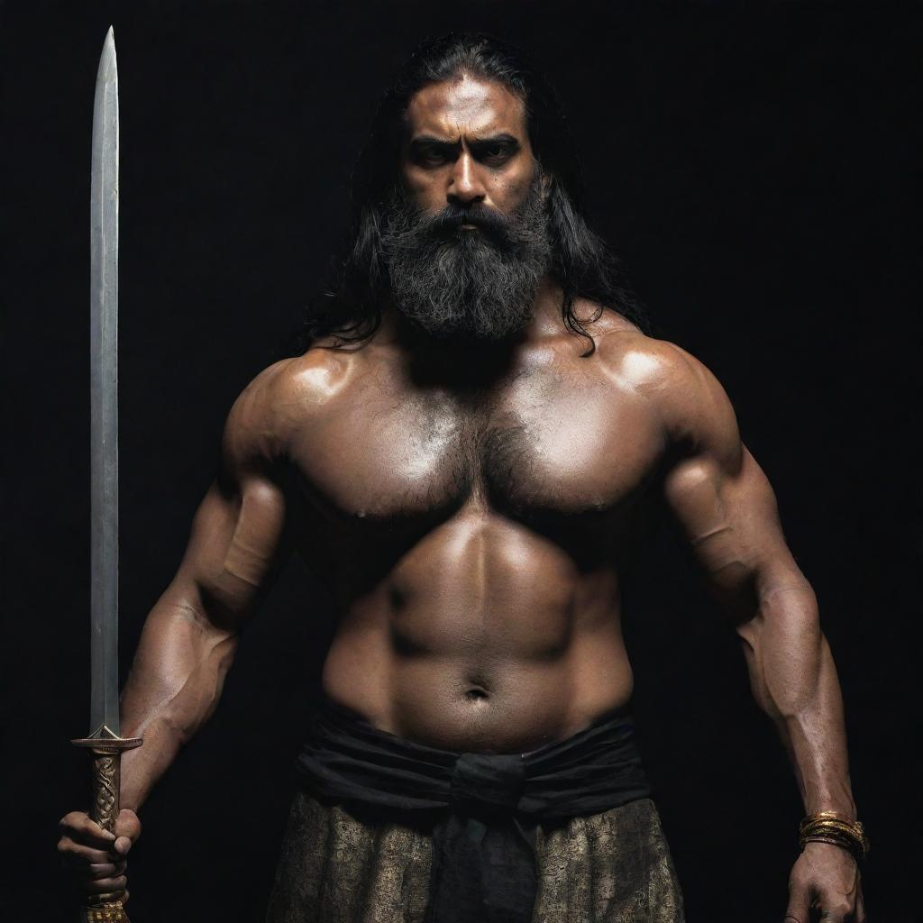 A towering, menacing and muscular middle-aged Indian man with long black hair and a thick beard, set against a dark backdrop. He wields a long sword with ominous gold engravings