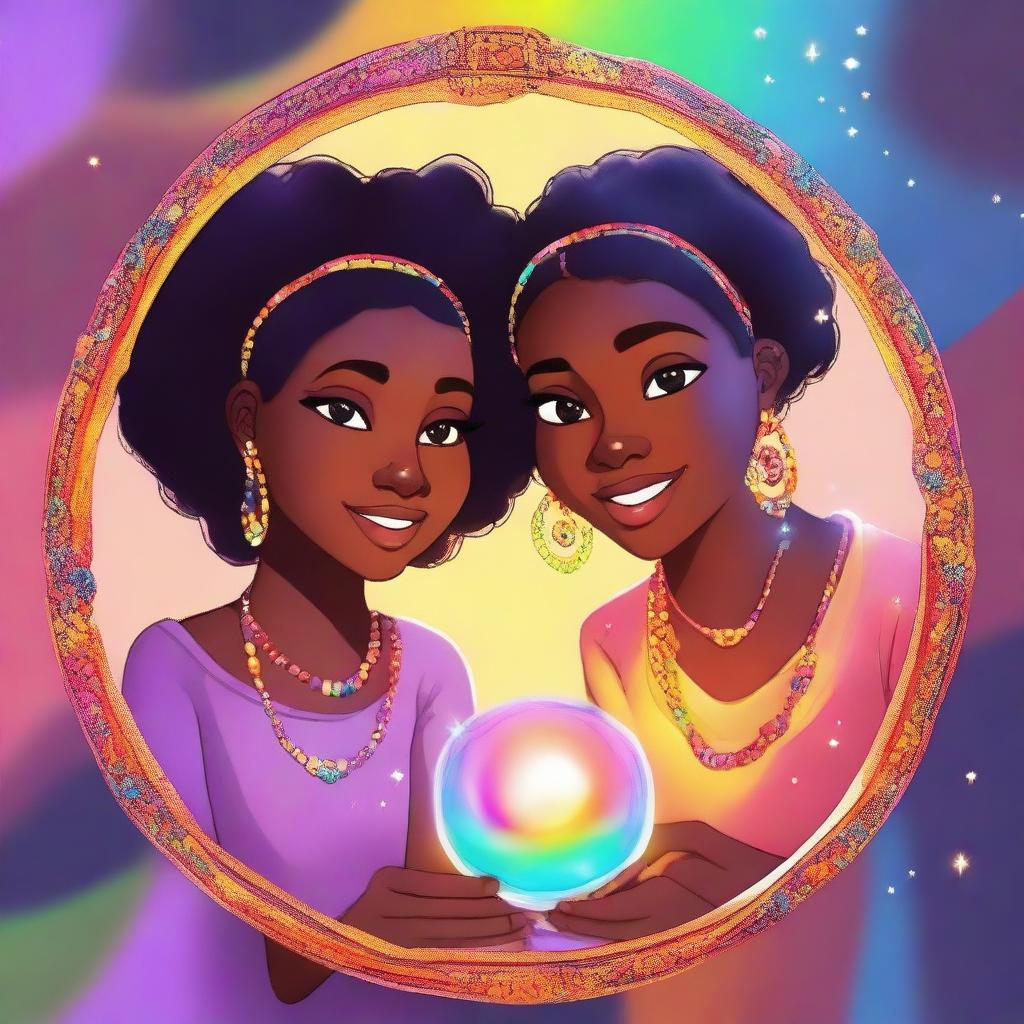 Two teenage black girls holding a magic mirror with five colorful stones embedded in it