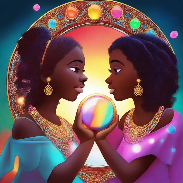 Two teenage black girls holding a magic mirror with five colorful stones embedded in it