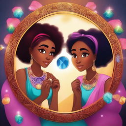 Two teenage black girls holding a magic mirror with five colorful stones embedded in it