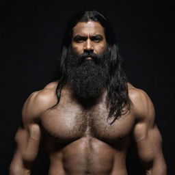 A towering, menacing and muscular middle-aged Indian man with long black hair and a thick beard, set against a dark backdrop. He wields a long sword with ominous gold engravings