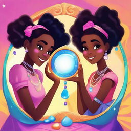 Two teenage black girls holding a magic mirror with five colorful stones embedded in it