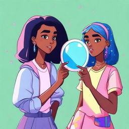 Two teenage black girls holding a magic mirror with five colorful stones embedded in it