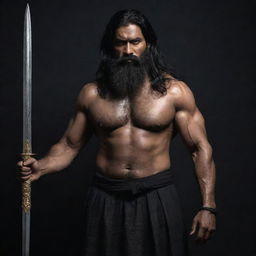 A towering, menacing and muscular middle-aged Indian man with long black hair and a thick beard, set against a dark backdrop. He wields a long sword with ominous gold engravings