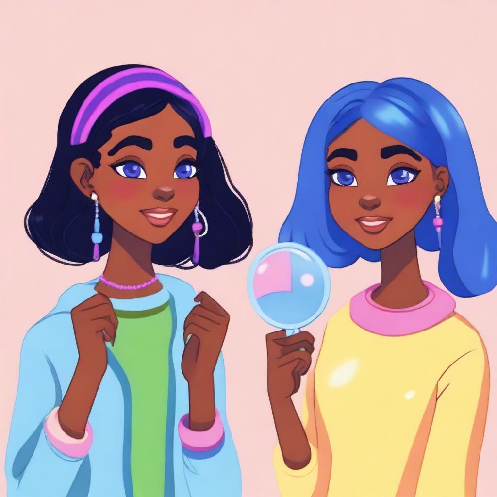 Two teenage black girls holding a magic mirror with five colorful stones embedded in it