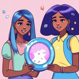 Two teenage black girls holding a magic mirror with five colorful stones embedded in it