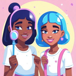 Two teenage black girls holding a magic mirror with five colorful stones embedded in it