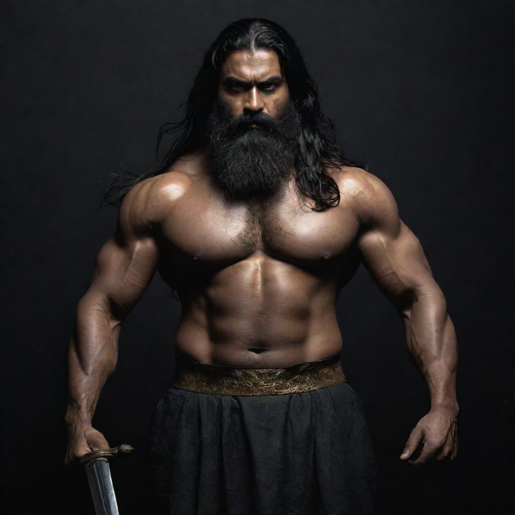 A towering, menacing and muscular middle-aged Indian man with long black hair and a thick beard, set against a dark backdrop. He wields a long sword with ominous gold engravings