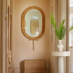 A classically designed, small entrance hall presented with a modern appeal. Decor incorporates rattan elements along with beige and pistachio color pallette, rounded out with a strategically placed mirror.