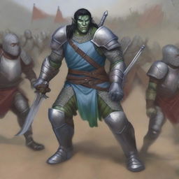 A half-orc with pale blue skin, green eyes, a large scar across the left eye, and black hair, wearing chainmail armor