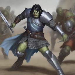 A half-orc with pale blue skin, green eyes, a large scar across the left eye, and black hair, wearing chainmail armor