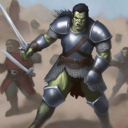 A half-orc with pale blue skin, green eyes, a large scar across the left eye, and black hair, wearing chainmail armor