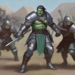 A half-orc with pale blue skin, green eyes, a large scar across the left eye, and black hair, wearing chainmail armor