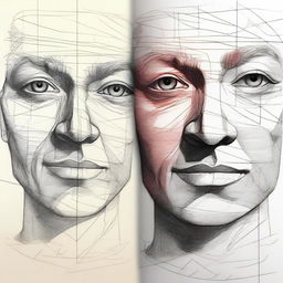 A drawing of a face where one half is fully colored and detailed, while the other half is in the process of being sketched