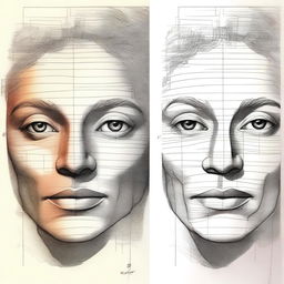 A drawing of a face where one half is fully colored and detailed, while the other half is in the process of being sketched