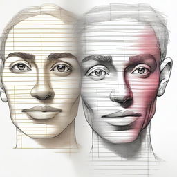 A drawing of a face where one half is fully colored and detailed, while the other half is in the process of being sketched