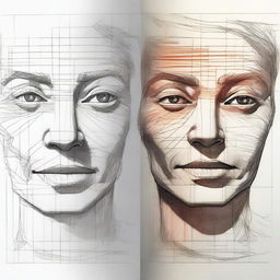 A drawing of a face where one half is fully colored and detailed, while the other half is in the process of being sketched